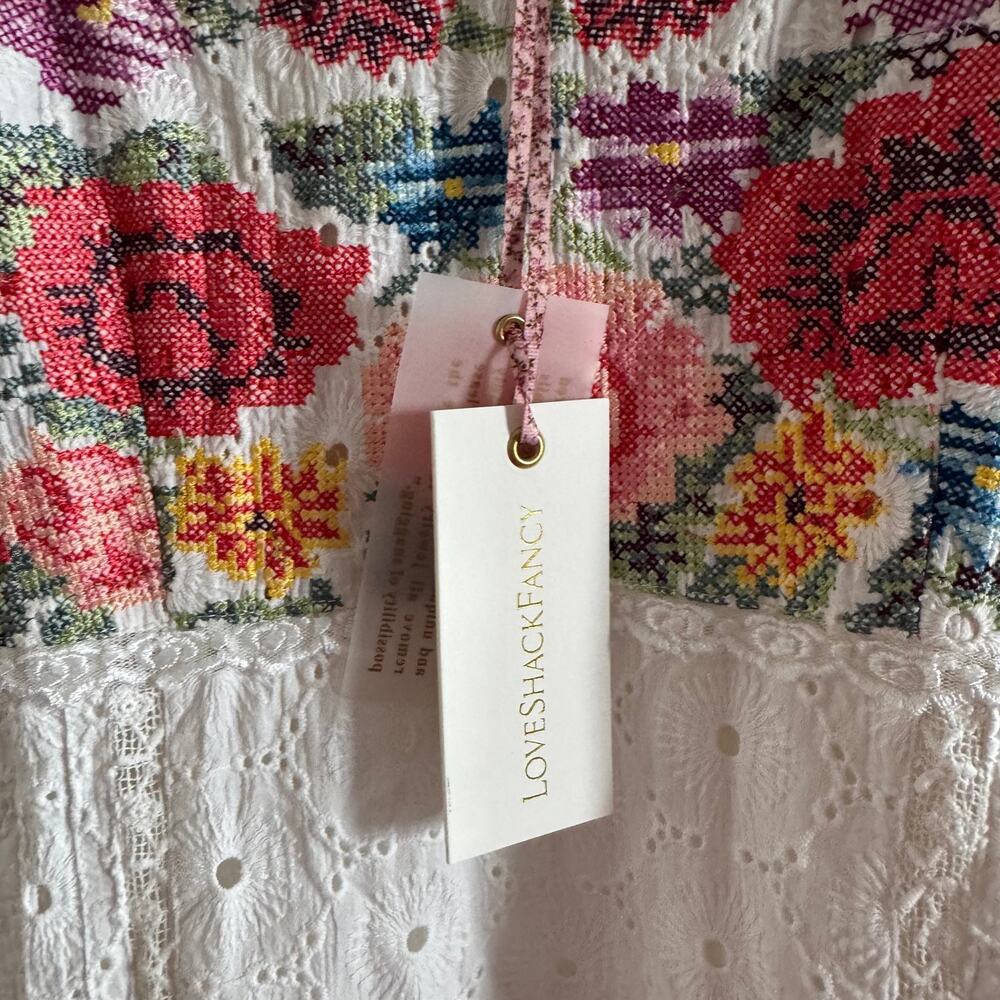 New LoveShackFancy Thressey Mini Dress White Embroidered Floral Ruffled Sz 8 - Picture 10 of 14